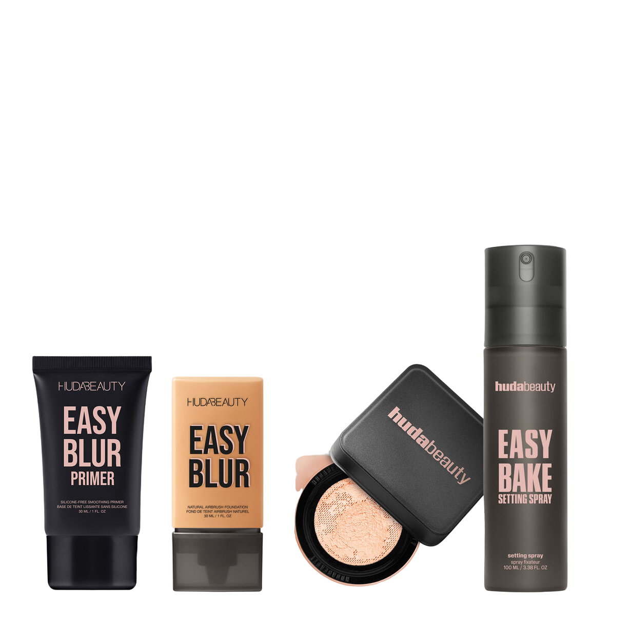 Huda Beauty makeup products with text 'Introducing our Prime, Blur, Bake & Set' on a white background.