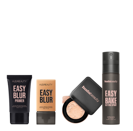Huda Beauty makeup products with text 'Introducing our Prime, Blur, Bake & Set' on a white background.